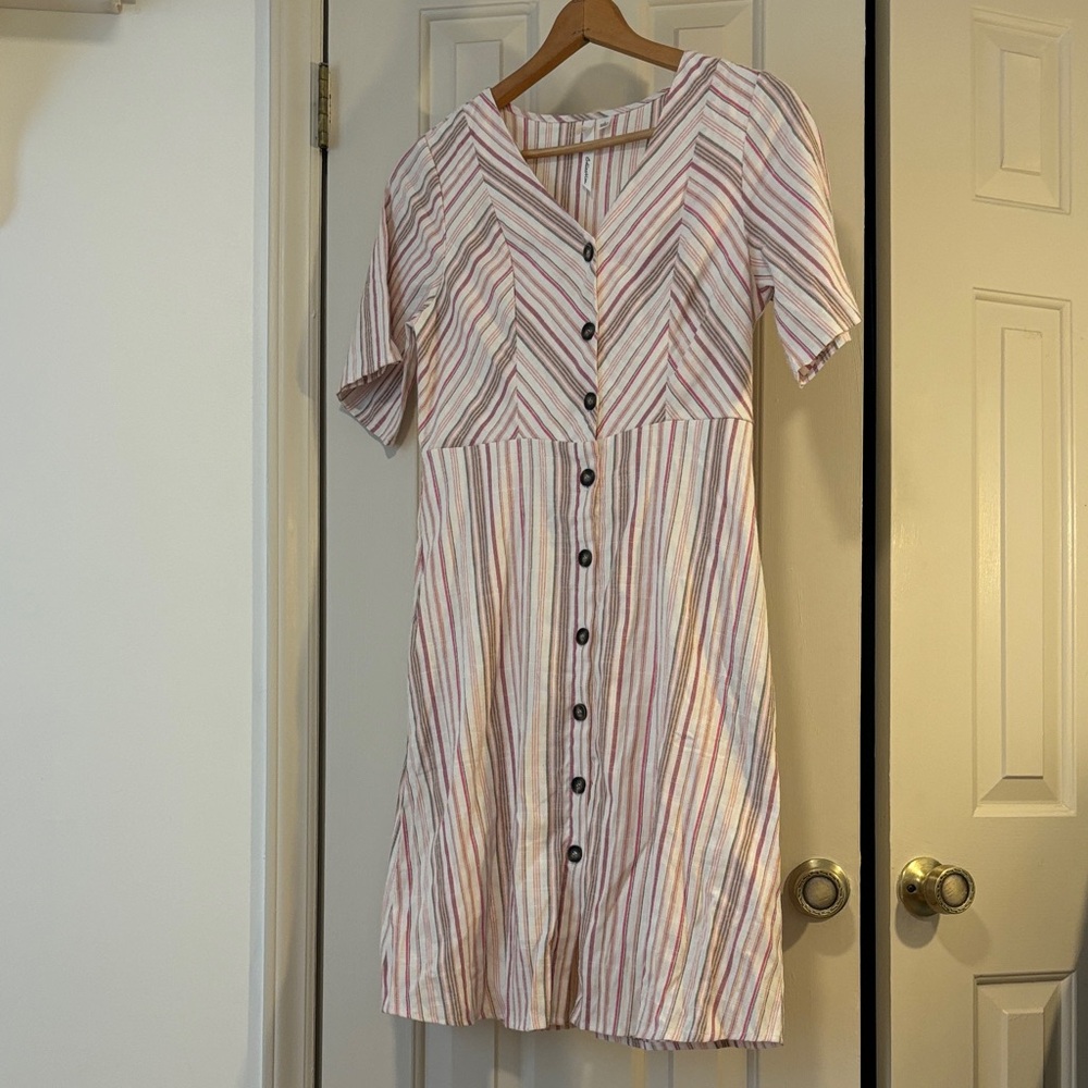 NY Collection Striped Button-Front Midi Dress in White and Pink